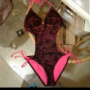 Black & pink crochet heart monokini, S